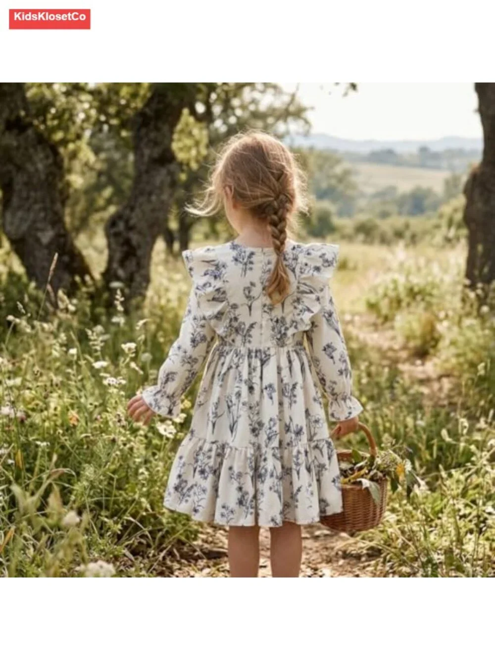 Floral Print A-Line Sundress with Ruffle Long Sleeves - Kids Casual Dress,